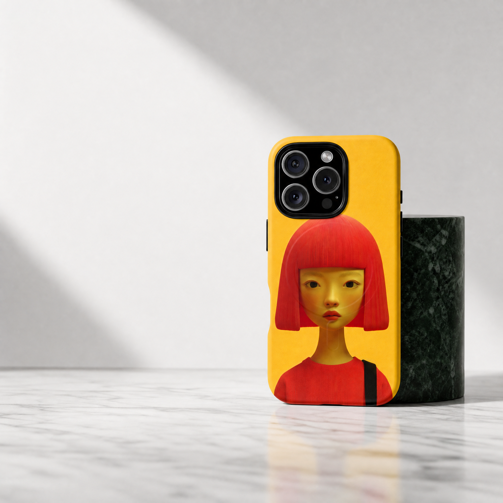Red - Portrait bob yellow graphic background