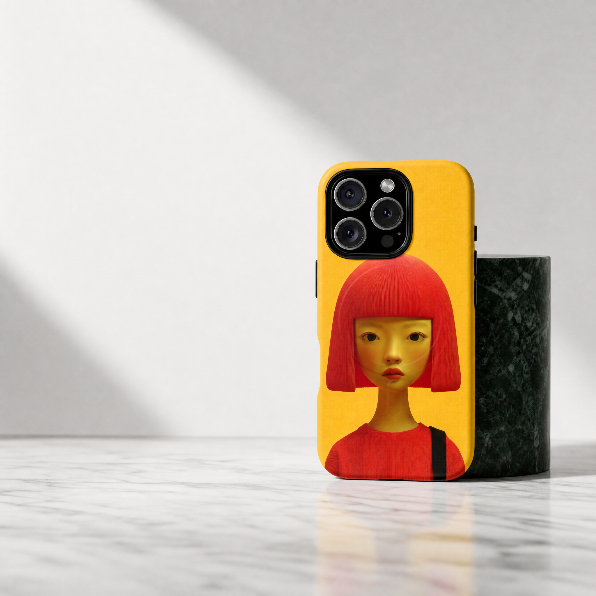 Red - Portrait bob yellow graphic background