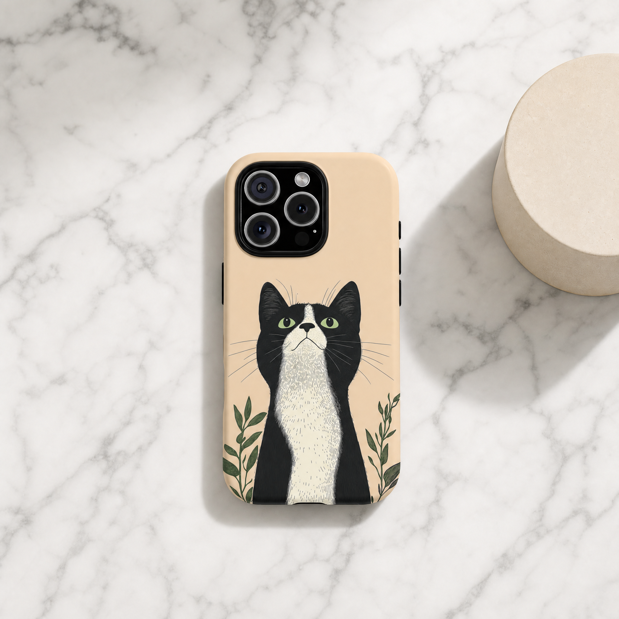 Midnight - Black and white cat illustration cream background