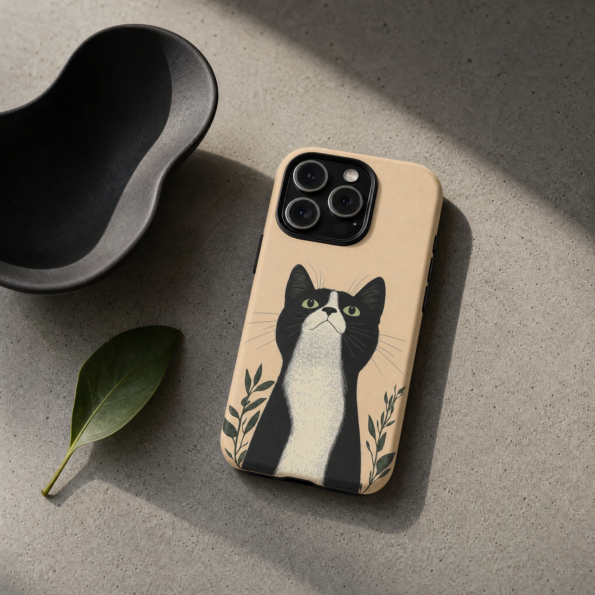 Midnight - Black and white cat illustration cream background
