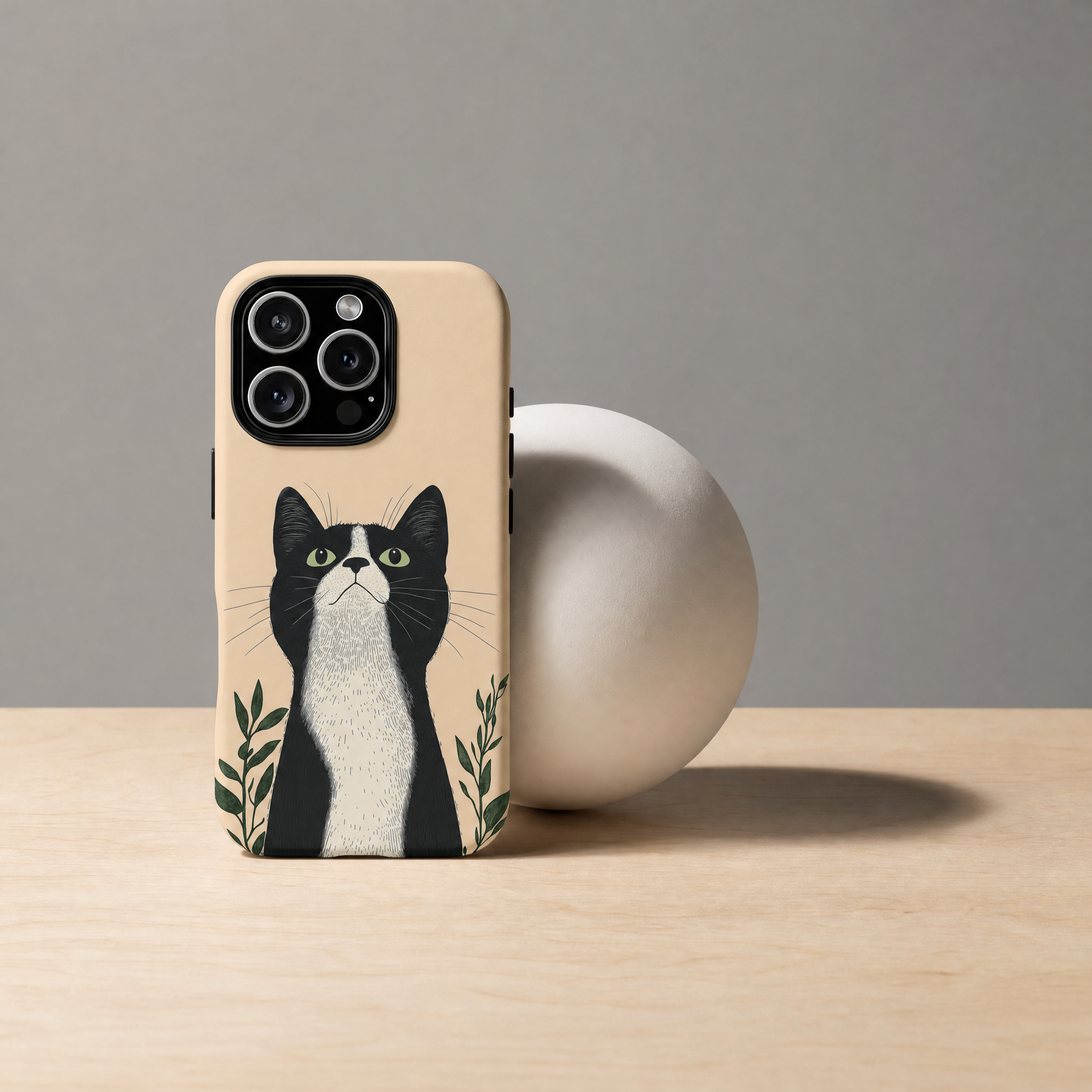 Midnight - Black and white cat illustration cream background