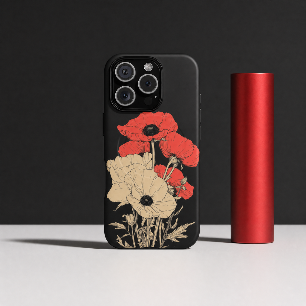 Velours - Illustration botanique coquelicots fond noir