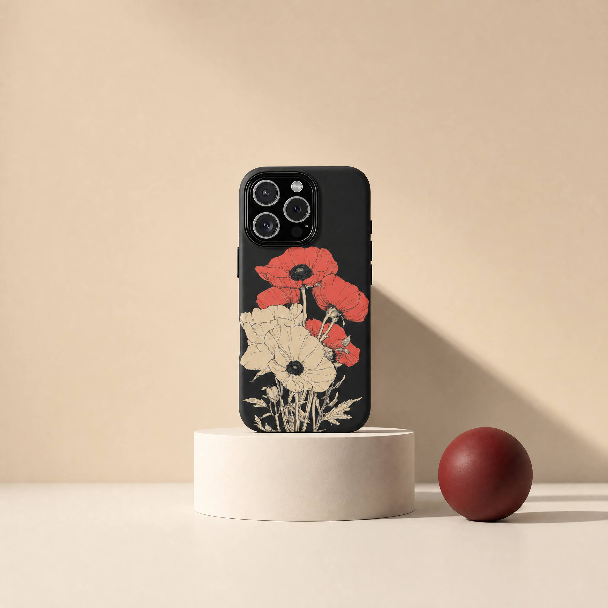 Velvet - Botanical illustration poppies black background