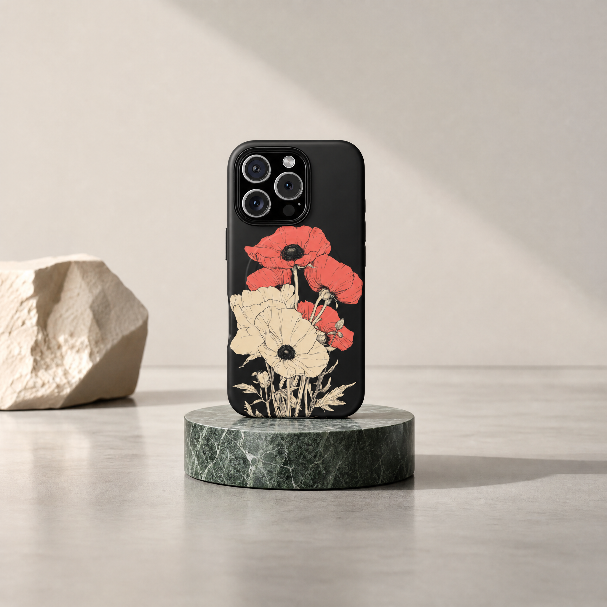 Velvet - Botanical illustration poppies black background